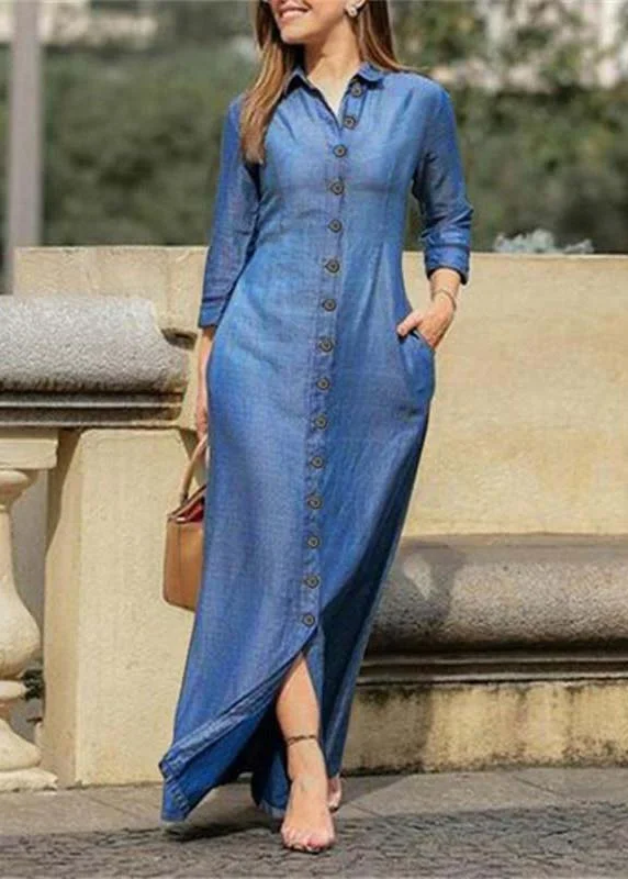 Beautiful Blue Peter Pan Collar Oversized Denim Maxi Dresses Spring Elegant Velvet Maxi Dress