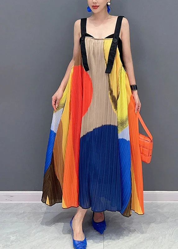 Beautiful Colorblock Slash Neck Wrinkled Maxi Dress Sleeveless Fashionable Chiffon Tiered Maxi Dress