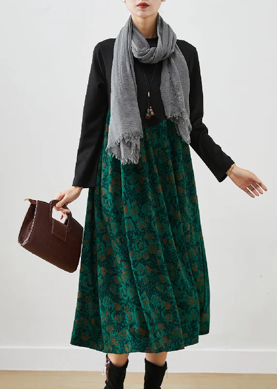 Beautiful Green Print Patchwork Cotton Maxi Dress Fall Classic A-Line Maxi Dress