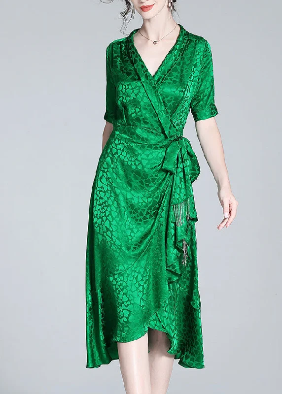 Beautiful Green V Neck Print Bow Tunic Maxi Dress Short Sleeve Stylish Boho Maxi Dress