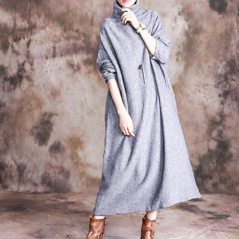 Beautiful high neck cotton long sleeve tunic dress Inspiration gray Maxi Dresses Elegant Tiered Maxi Dress