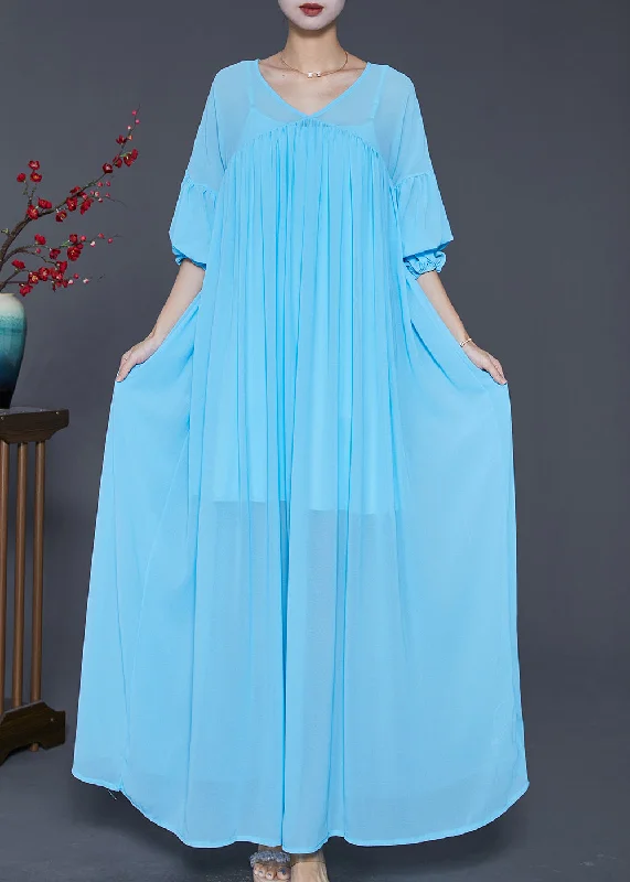 Beautiful Lake Blue Oversized Wrinkled Chiffon Maxi Dress Fall Trendy Maxi Dress with Lace