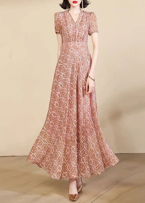 Beautiful Pink Print High Waist Chiffon Maxi Dresses Summer Fashionable Faux Wrap Maxi Dress