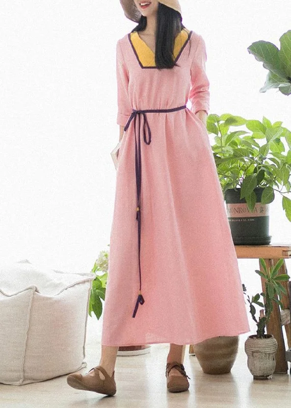 Beautiful V Neck Patchwork Spring Clothes Fabrics Pink Maxi Dress Elegant Sleeveless Maxi Dress