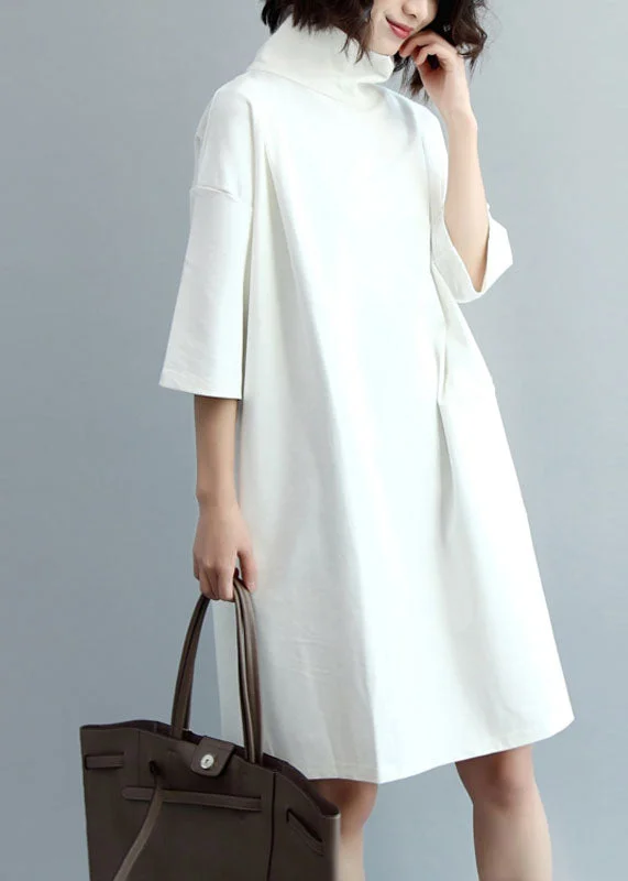 Beautiful White Turtle Neck Cotton Maxi Dresses Half Sleeve Comfortable Maxi Dress with Belt