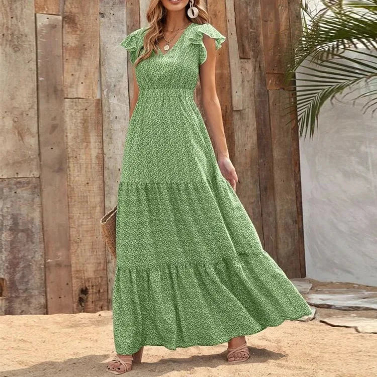 2024 V Neck Bohemian Patchwork Ruffles Maxi Dress Boho Dress Trendy Fit-and-Flare Maxi Dress