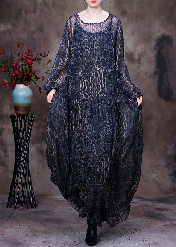 Black Coffee O-Neck Print Maxi Dress And Suspenders Two Pieces Set Fall Stylish Maxi Dress with Frills