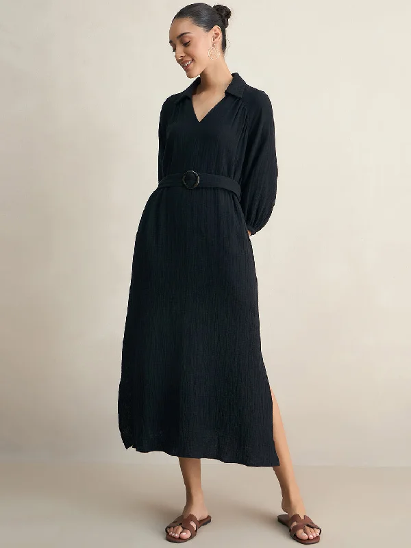 Black Cotton Collar Neck Maxi Dress Stylish Longline Maxi Dress