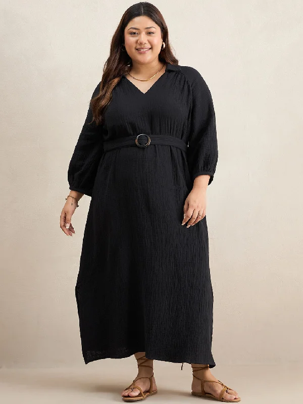 Black Cotton Collar Neck Maxi Dress Stylish Off-Shoulder Maxi Dress