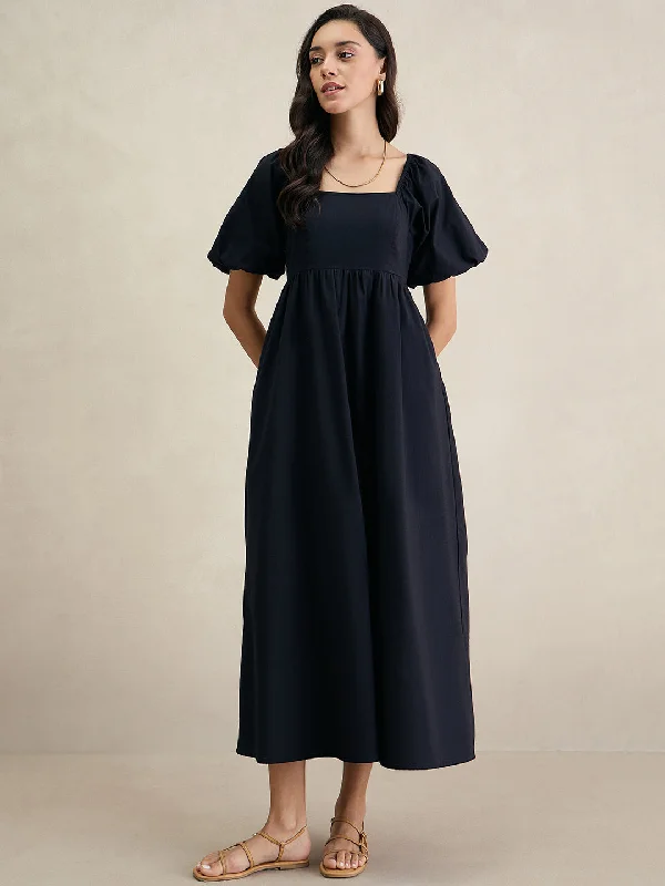 Black Cotton Puff Sleeves Maxi Dress Trendy Maxi Dress with Lace