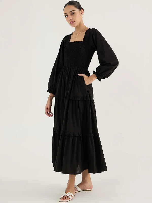 Black Cotton Smocked Maxi Dress Fashionable Chiffon Maxi Dress