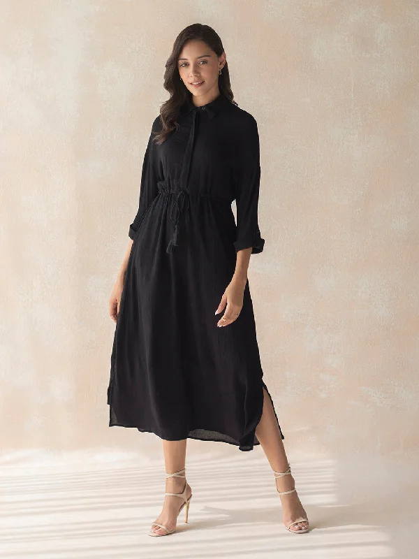 Black Crinkled Shirt Maxi Dress Fashionable Sheer Maxi Dress