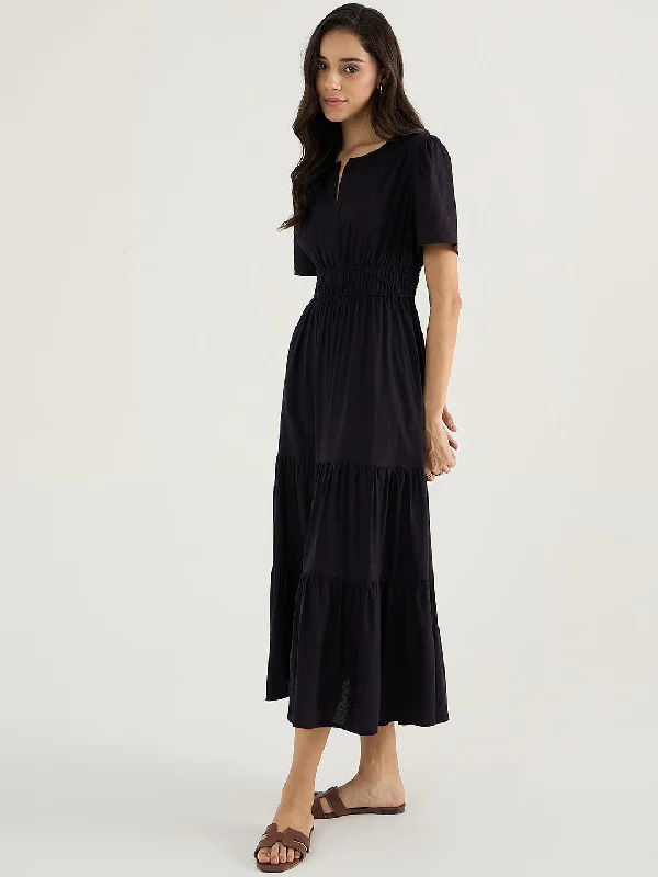 Black Dobby Tiered Maxi Dress Comfortable Bohemian Maxi Dress