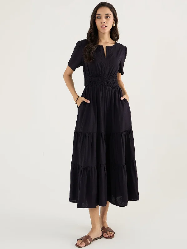 Black Dobby Tiered Maxi Dress Elegant Maxi Dress with Slit