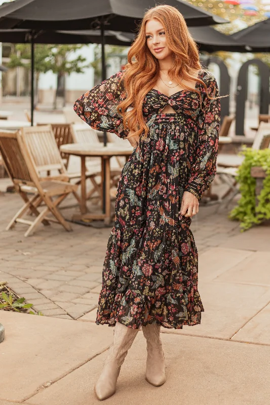 Black Floral Print Front Twist Maxi Dress Cozy Wrap Maxi Dress