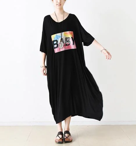 Black half sleeve tunic cotton maxi dress summer dresses Trendy Printed Maxi Dress