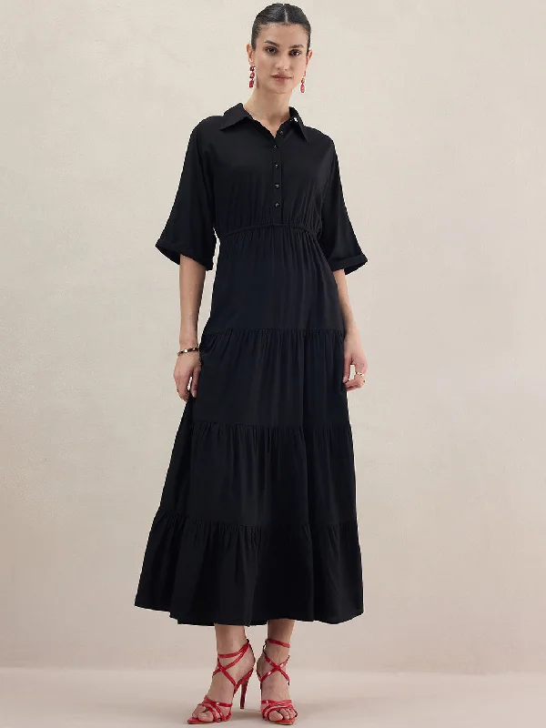 Black Kimono Sleeve Tiered Maxi Dress Comfortable Satin Maxi Dress