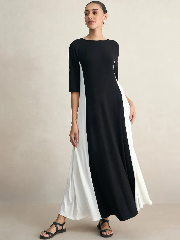 Black Knit Colorblock Maxi Dress Elegant Maxi Dress with Pockets