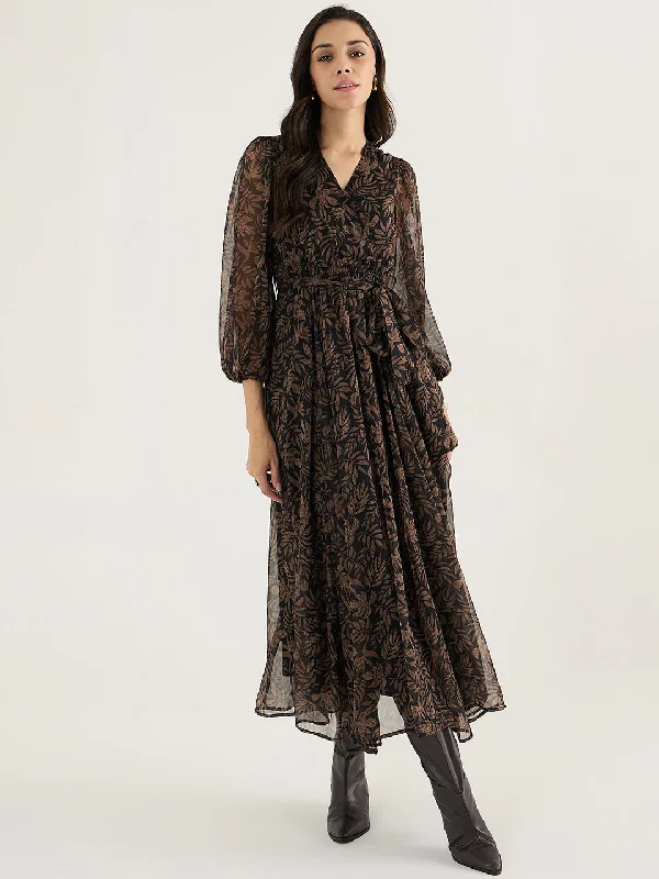 Black Leaf Print Wrap Maxi Dress Comfortable Pleated Maxi Dress