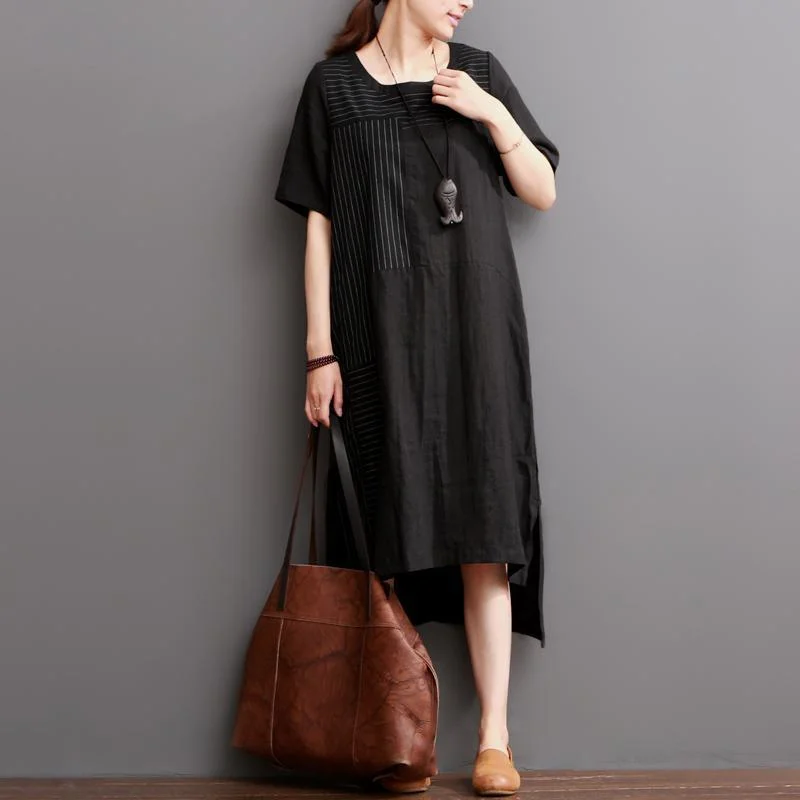 Black linen dress short sleeve summer maxi dress plus size Cozy Open-Back Maxi Dress