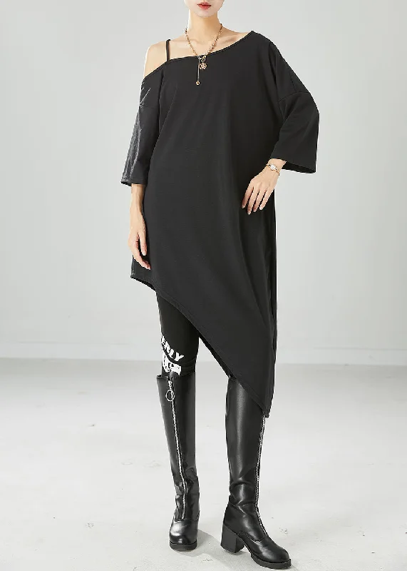 Black Off The Shoulder Cotton Maxi Dresses Asymmetrical Summer Stylish Button-Up Maxi Dress