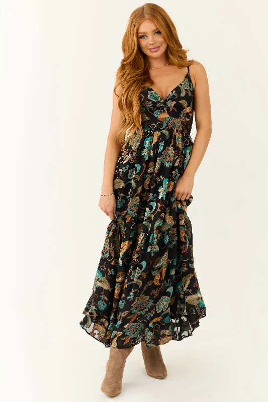 Black Paisley Pattern Cut Out Maxi Dress Stylish A-Line Maxi Dress