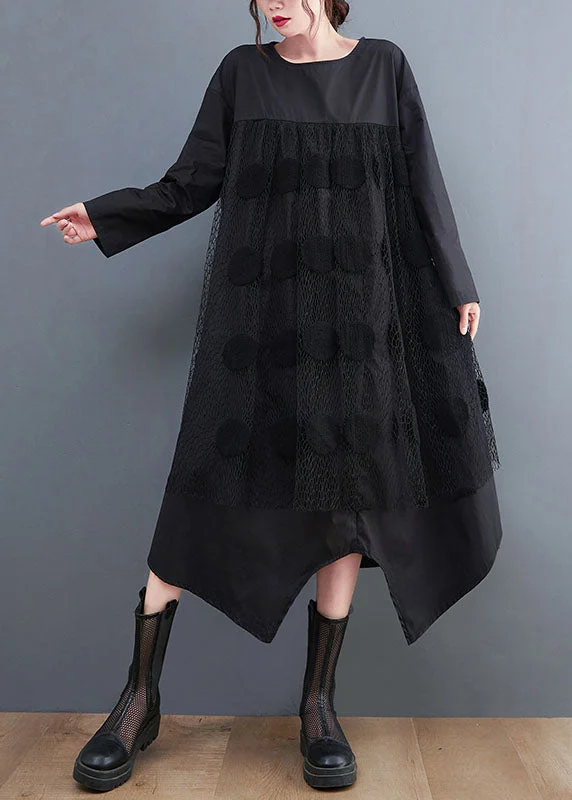 Black Patchwork Cotton Maxi Dresses Asymmetrical Spring Trendy V-Neck Maxi Dress