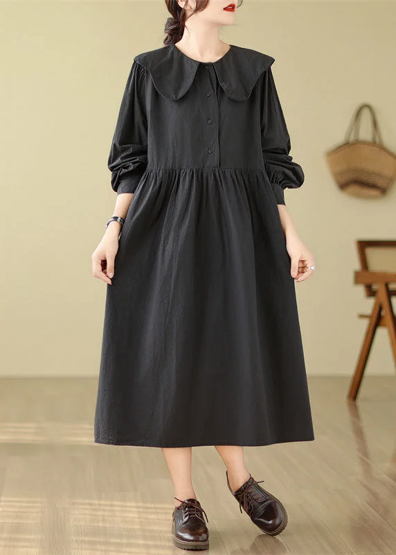 Black Peter Pan Collar Patchwork Maxi Dress Fall Cozy Spaghetti Strap Maxi Dress