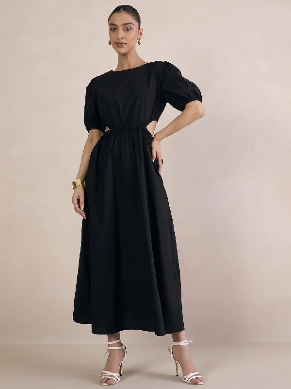 Black Poplin Cut Out Maxi Dress Stylish Longline Maxi Dress