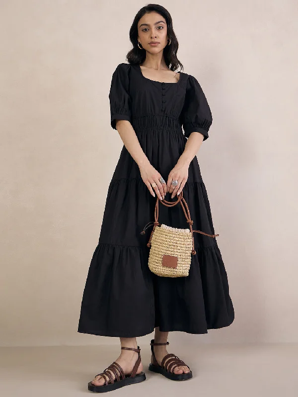 Black Poplin Smocked Maxi Dress Cozy Maxi Dress with Slit