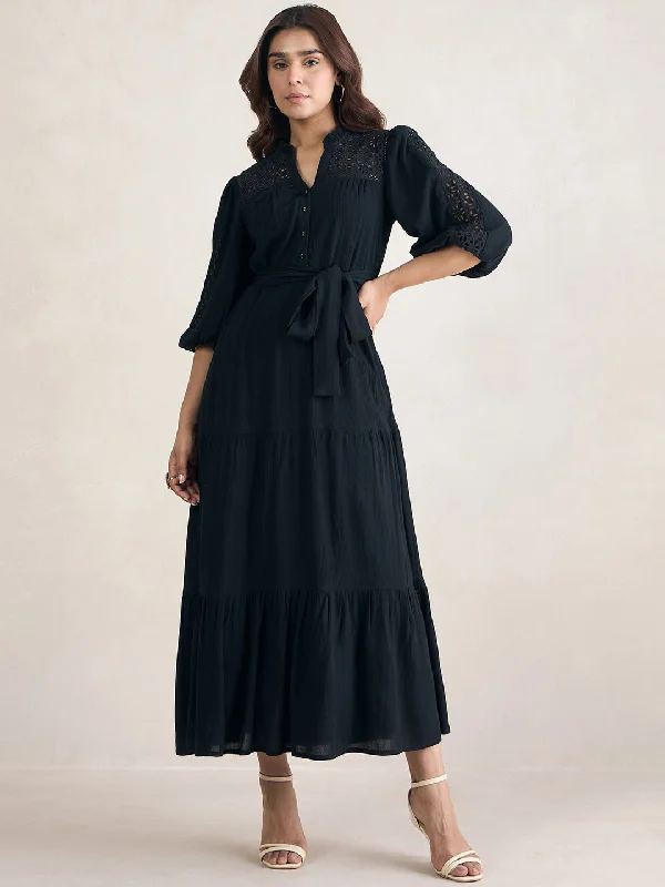 Black Schiffli Tiered Maxi Dress Elegant Pleated Maxi Dress