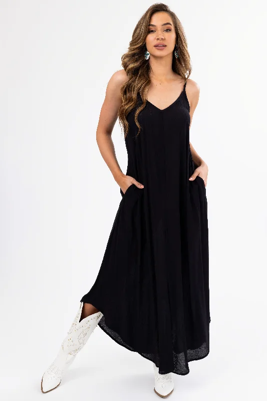 Black Sleeveless V Neck Textured Maxi Dress Elegant Maxi Dress with Pockets