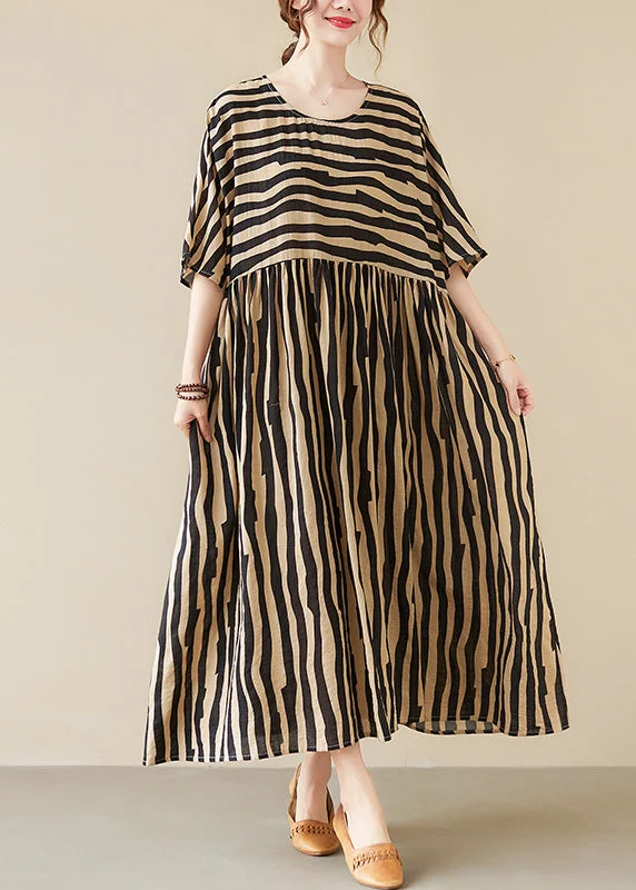 Black Striped Patchwork Wrinkled Maxi Dresses Summer Chic Button-Up Maxi Dress