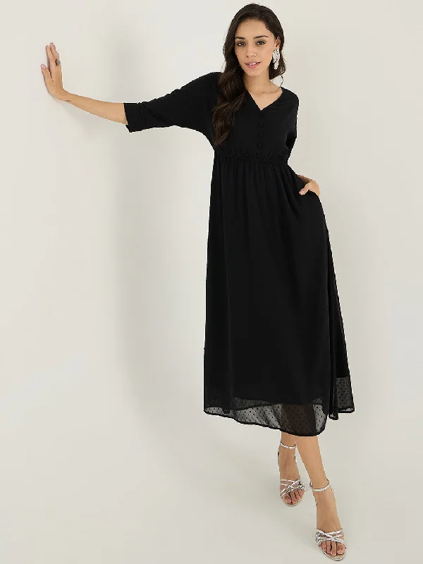 Black Swiss Dot Maxi Dress Classic A-Line Maxi Dress