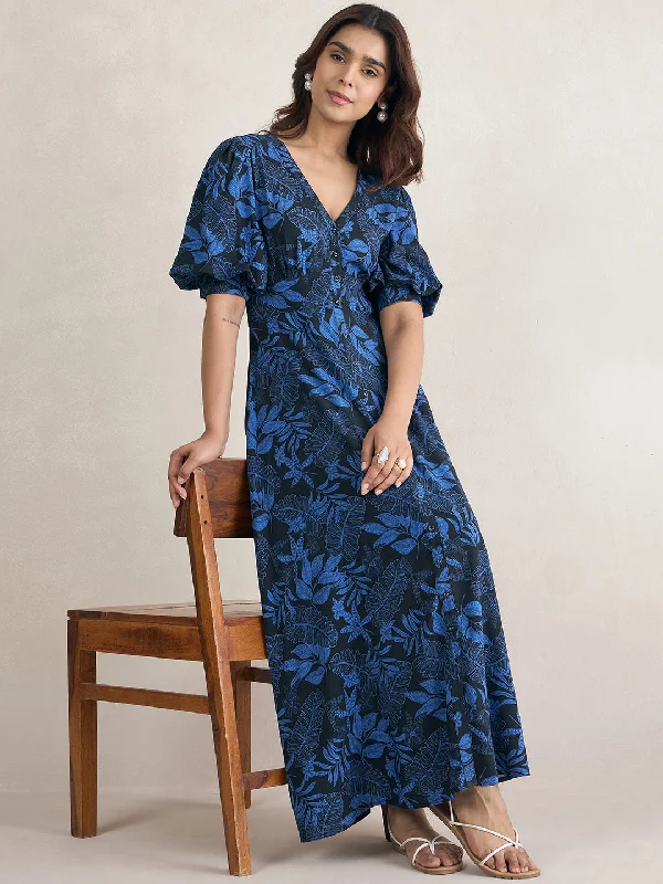 Black Tropical Print Button Down Maxi Dress Comfortable Cotton Maxi Dress