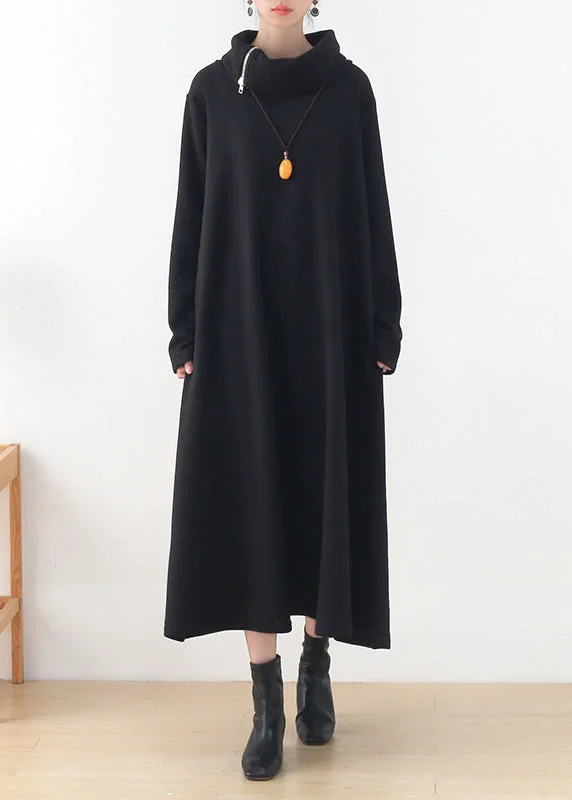 Black Turtleneck Pockets Cotton Maxi Dress Long Sleeve Cozy Ruffle Sleeve Maxi Dress