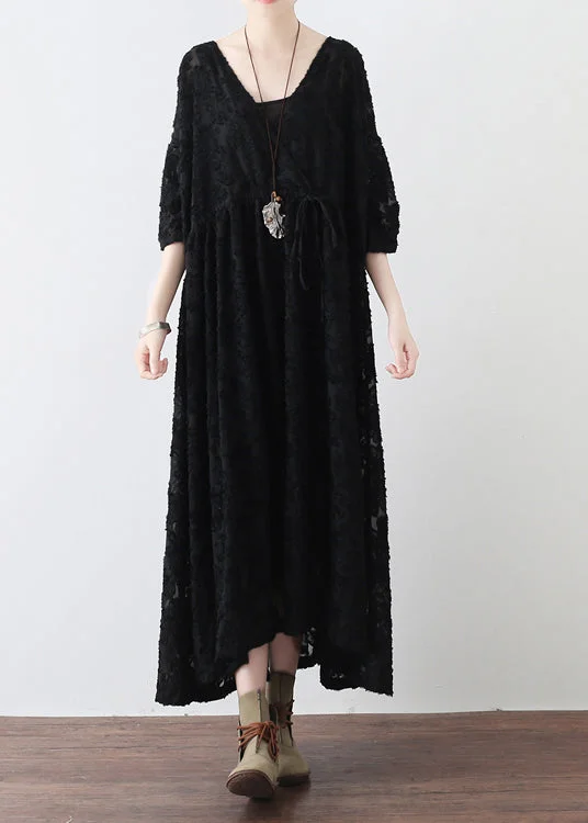 Black V Neck Tie Waist Chiffon Maxi Dresses Long Sleeve Cozy Knit Maxi Dress