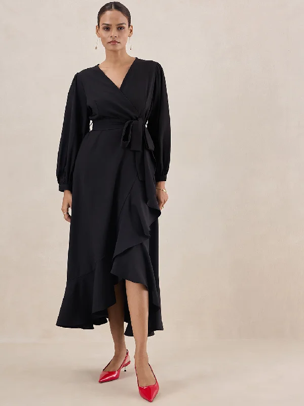 Black Wrap Belted Maxi Dress Elegant Pleated Maxi Dress