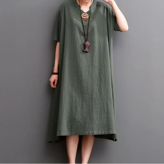 Blackish green linen dress plus size linen sundresses maxi dress Fashionable Button-Down Maxi Dress