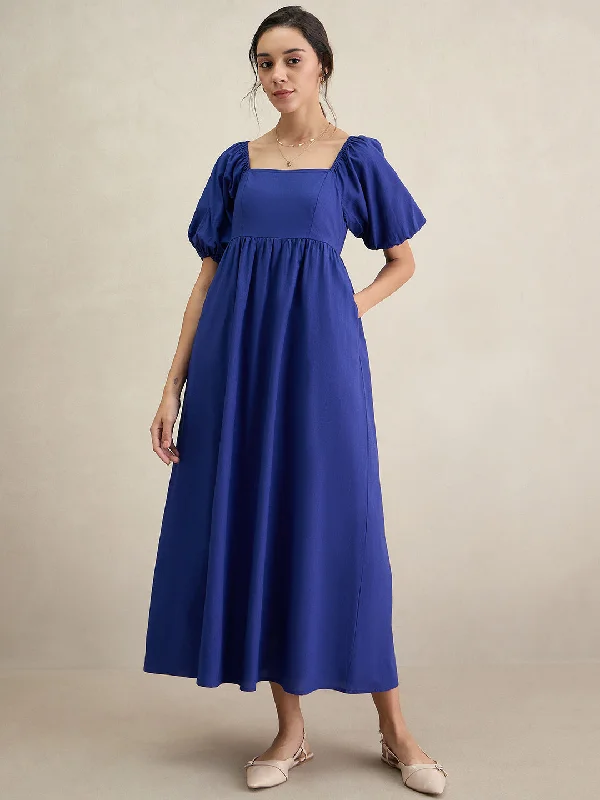 Blue Cotton Puff Sleeves Maxi Dress Stylish Long Sleeve Maxi Dress