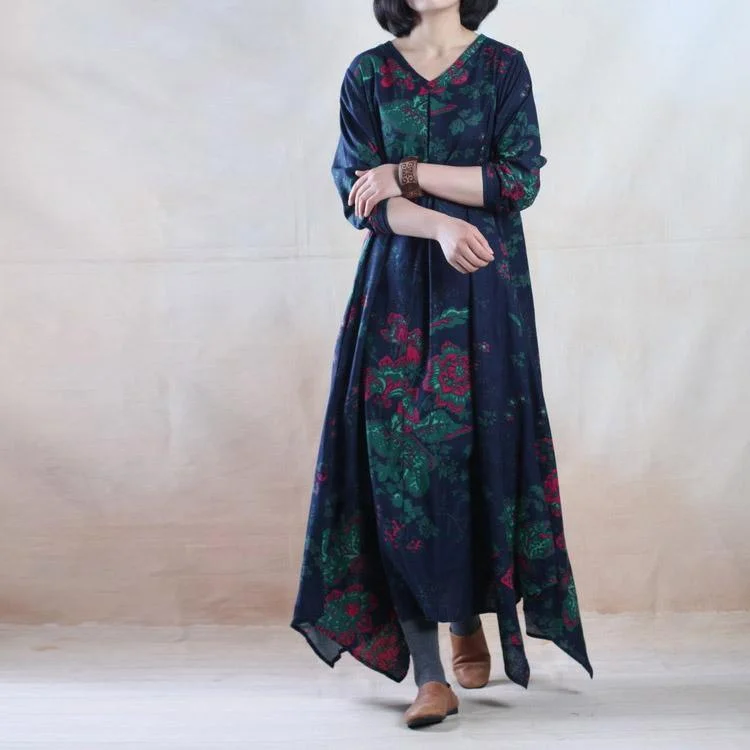 Blue floral cotton maxi dress long linen dress gown plus size - Blooming garden Fashionable Printed Maxi Dress