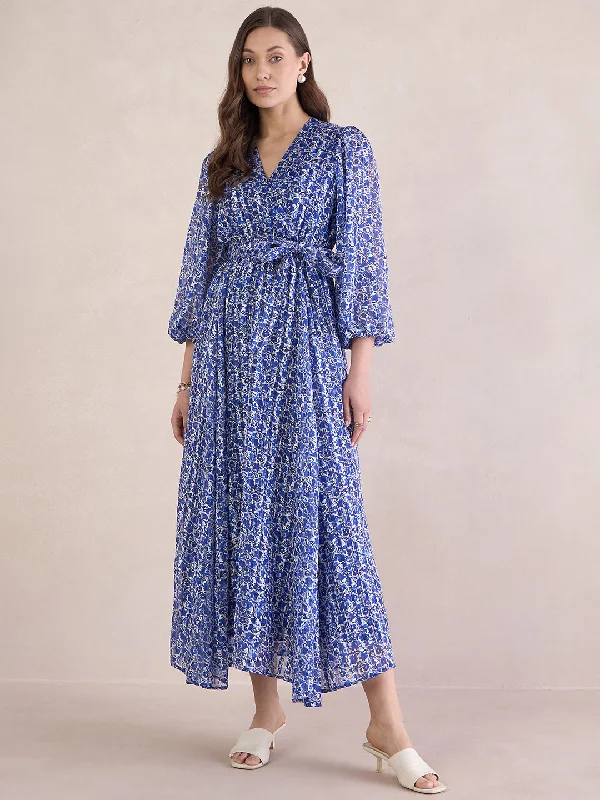 Blue Floral Lurex Wrap Maxi Dress Fashionable Layered Maxi Dress