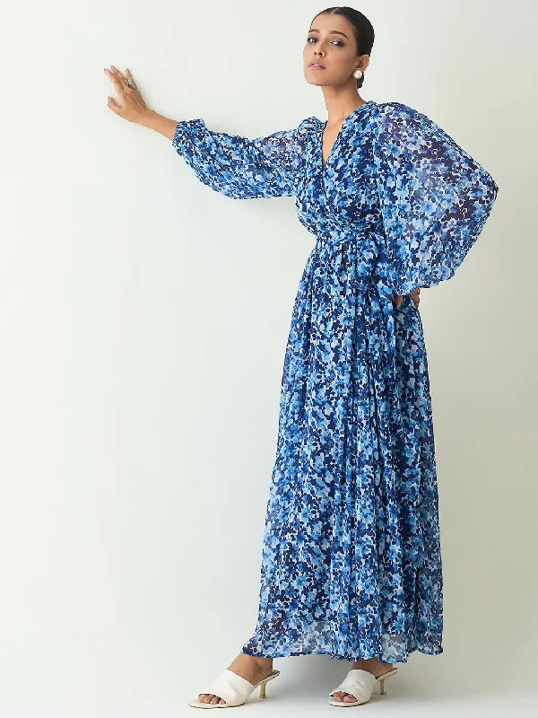 Blue Floral Print Wrap Maxi Dress Cozy Ruffle Sleeve Maxi Dress