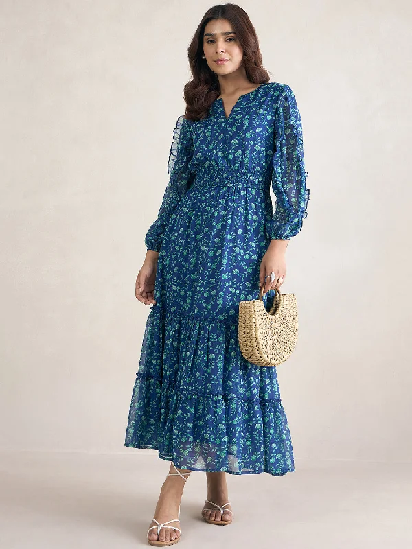 Blue Floral Printed Ruffle Detail Maxi Dress Elegant Wraparound Maxi Dress