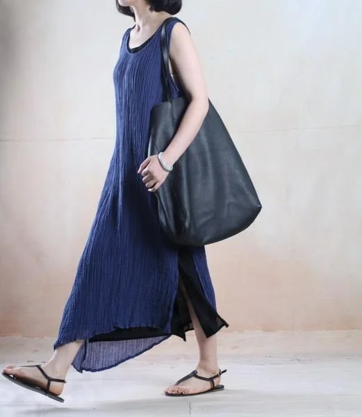 Blue layered linen summer maxi dress Asymmetric holiday dress Trendy Floral Print Maxi Dress