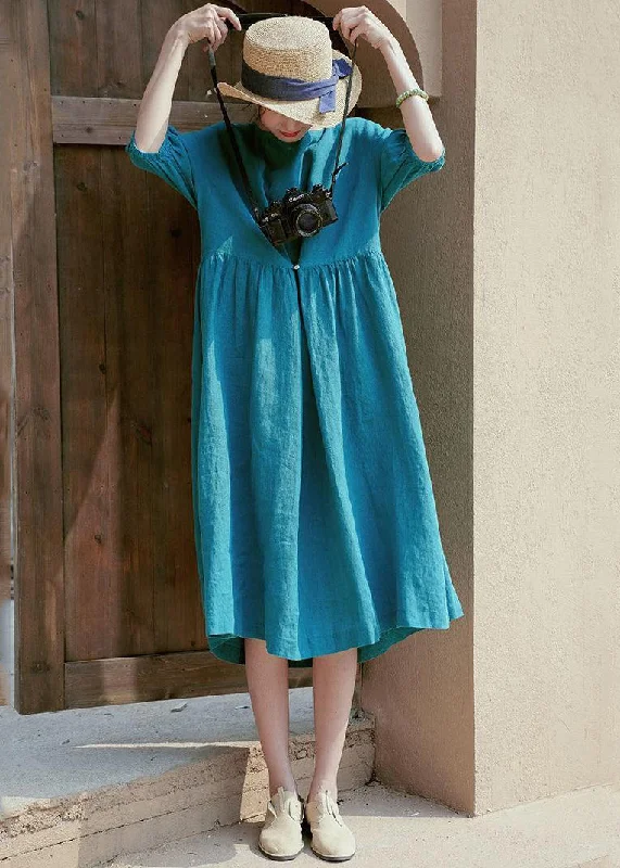 Blue Oversized Linen Maxi Dresses Button Wrinkled Half Sleeve Elegant Lace-Up Maxi Dress