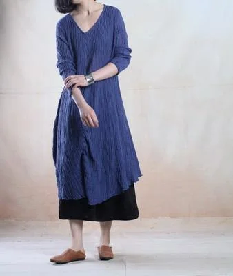 Blue plus size linen sundress long line maxi dress oversize- when a leaf turns green Elegant Maxi Dress with Drapes