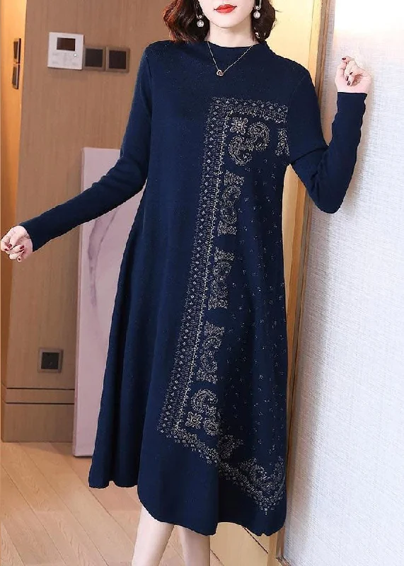 Blue Print Wool Maxi Dresses High Neck Oversized Spring Trendy Maxi Dress with Straps