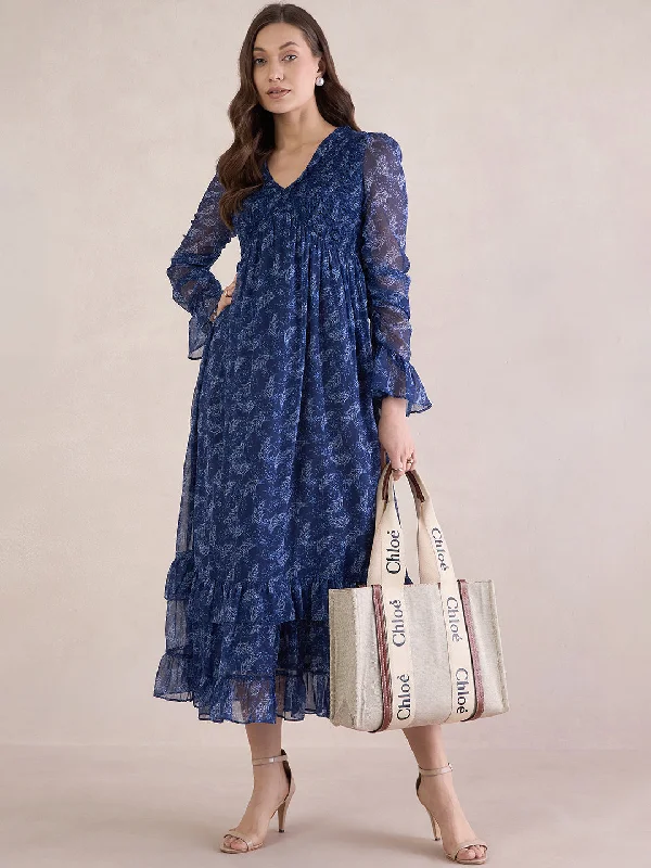 Blue Printed Smocked Tiered Maxi Dresss Cozy Knitted Maxi Dress