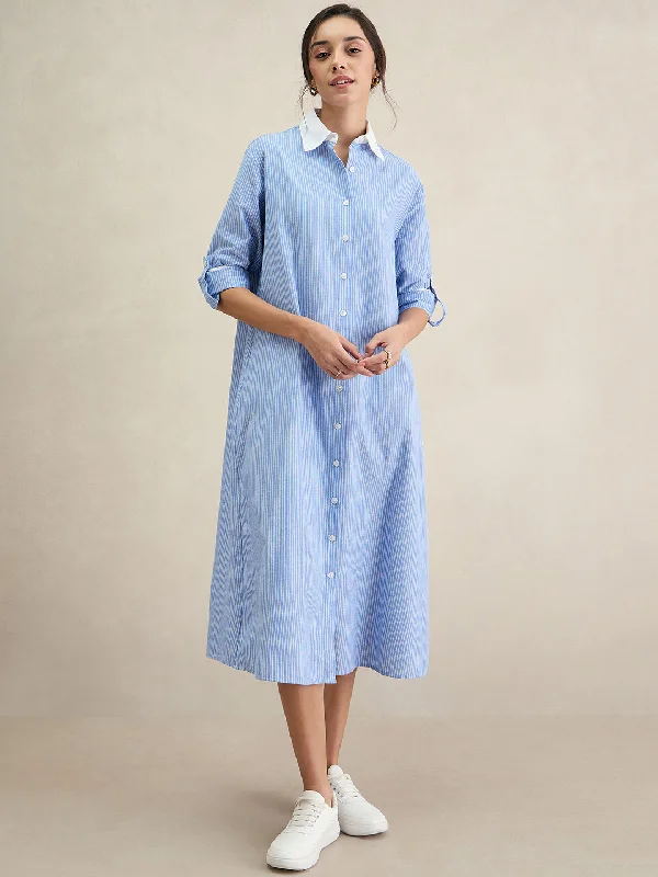 Blue Stripes Shirt Maxi Dress Comfortable Flowy Maxi Dress